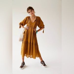 Free People Embroidered Boho Tiered Celestial Skies Midi Dress